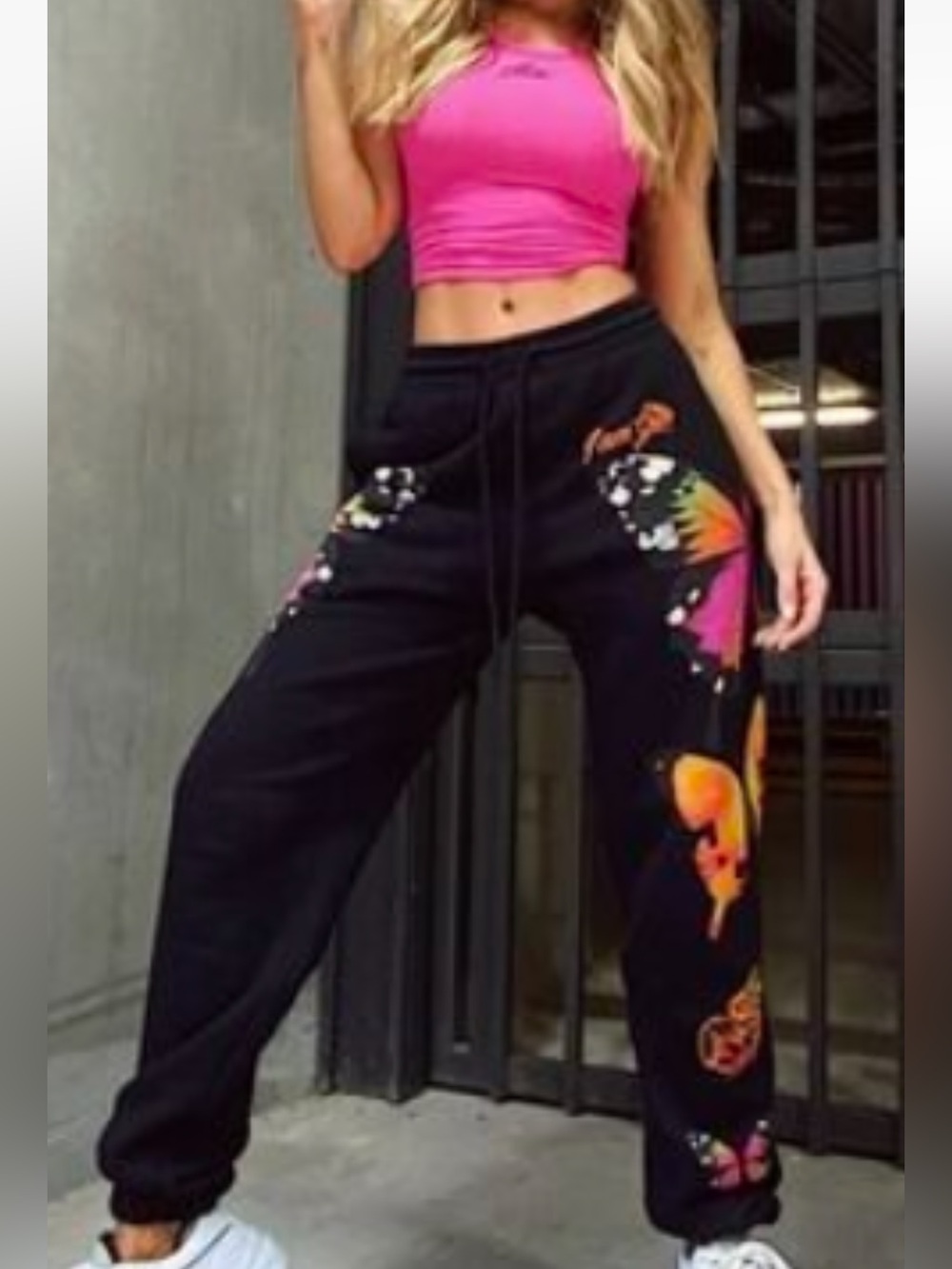 I.AM.GIA Women Sweatpants Small Butterfly Print Black Joggers Drawstring Elastic